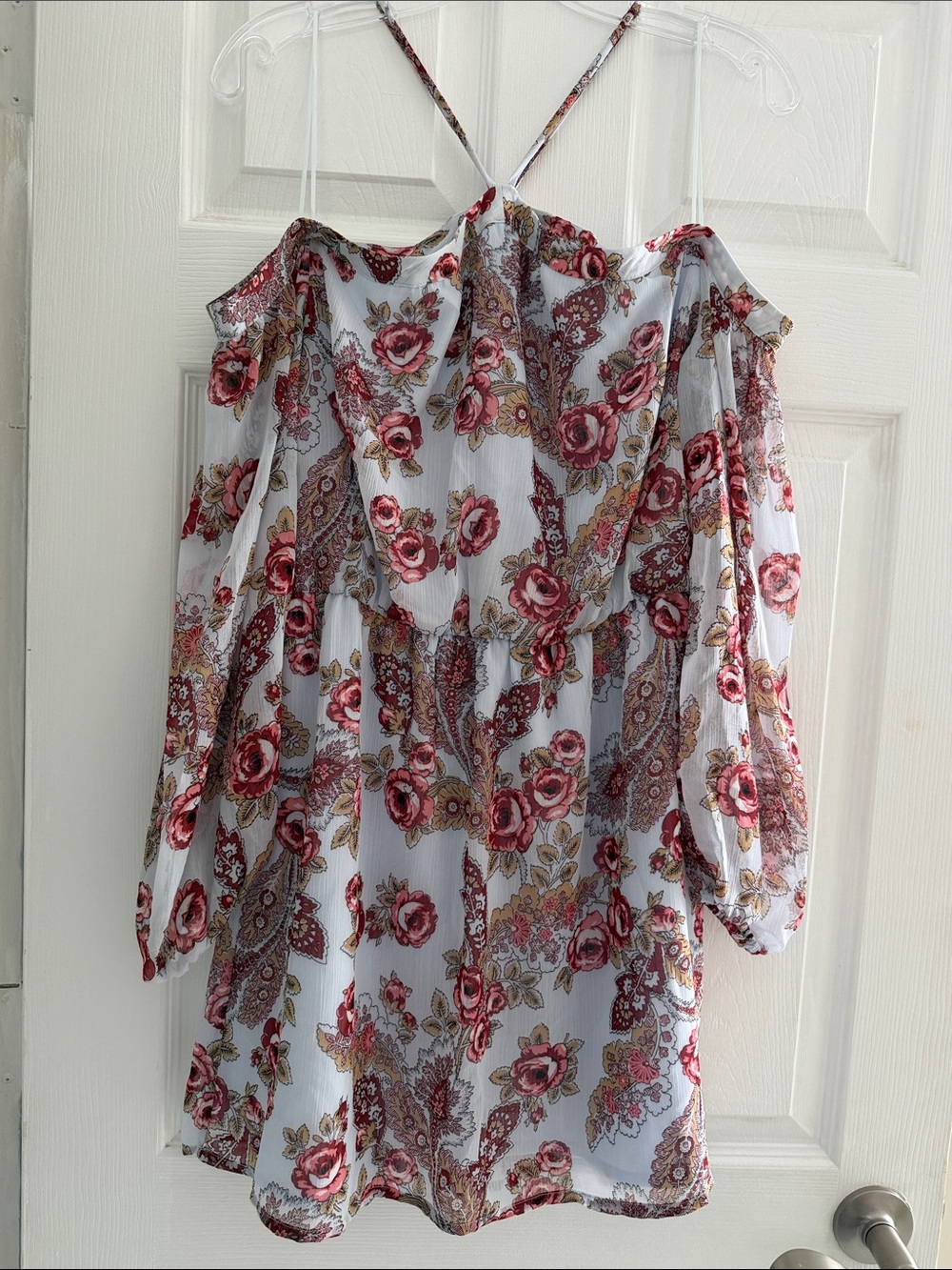 Wayf White Floral Cold-Shoulder Dress with Pink & Gold Paisley